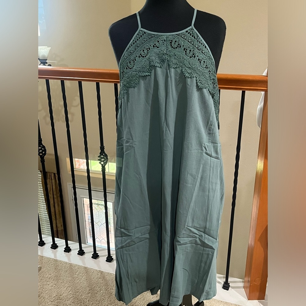 DAVI & DANI Sleeveless Crochet LACE Yoke HALTER Dress in Sage Green PLUS SZ 3XL
